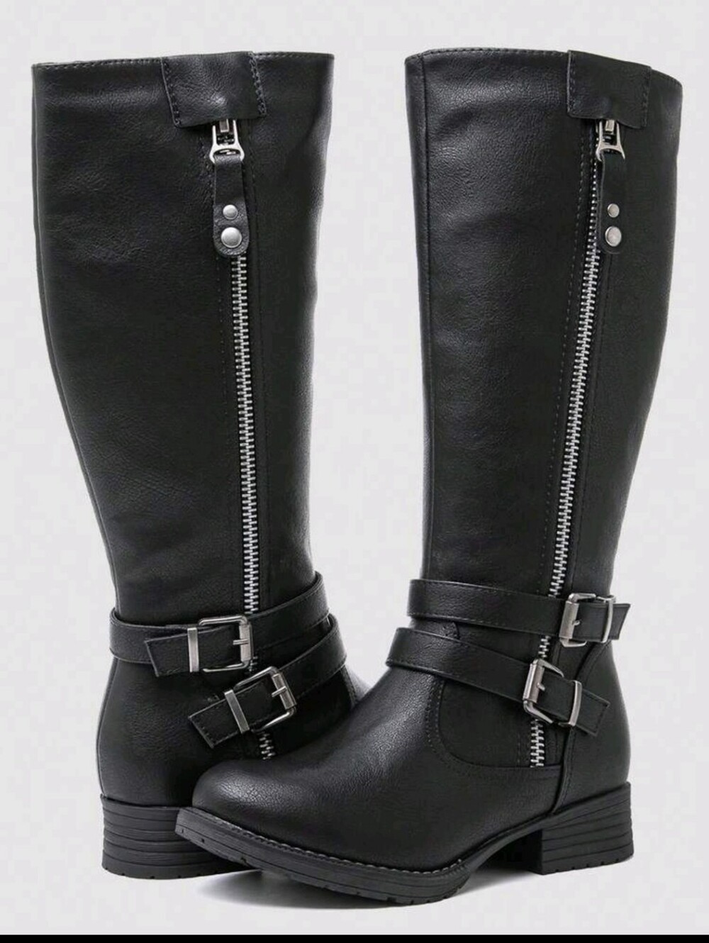 Black Knee-High Zip & Buckle Boots